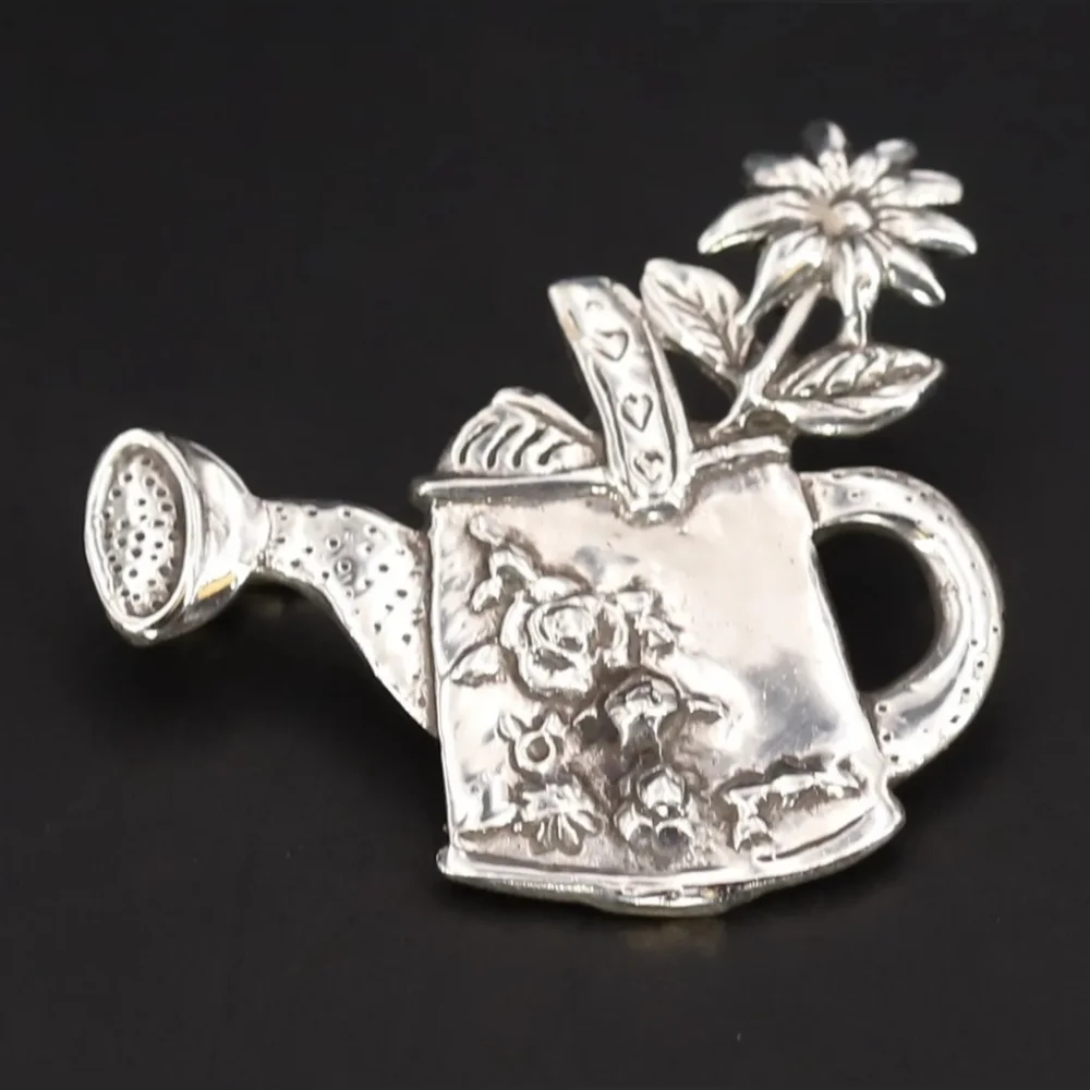 Vintage Sterling Silver MARY ENGELBREIT MEINK Watering Can Flowers Brooch Pin 7g - Picture 1 of 5